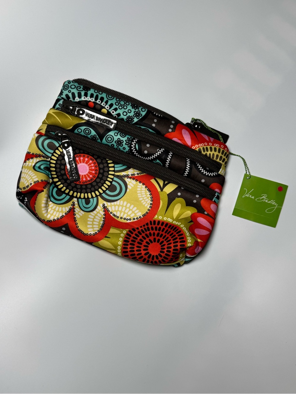 Vera Bradley Colorful Floral Multi-Zip Cosmetic Pouch - Red, Yellow, Green, Blue